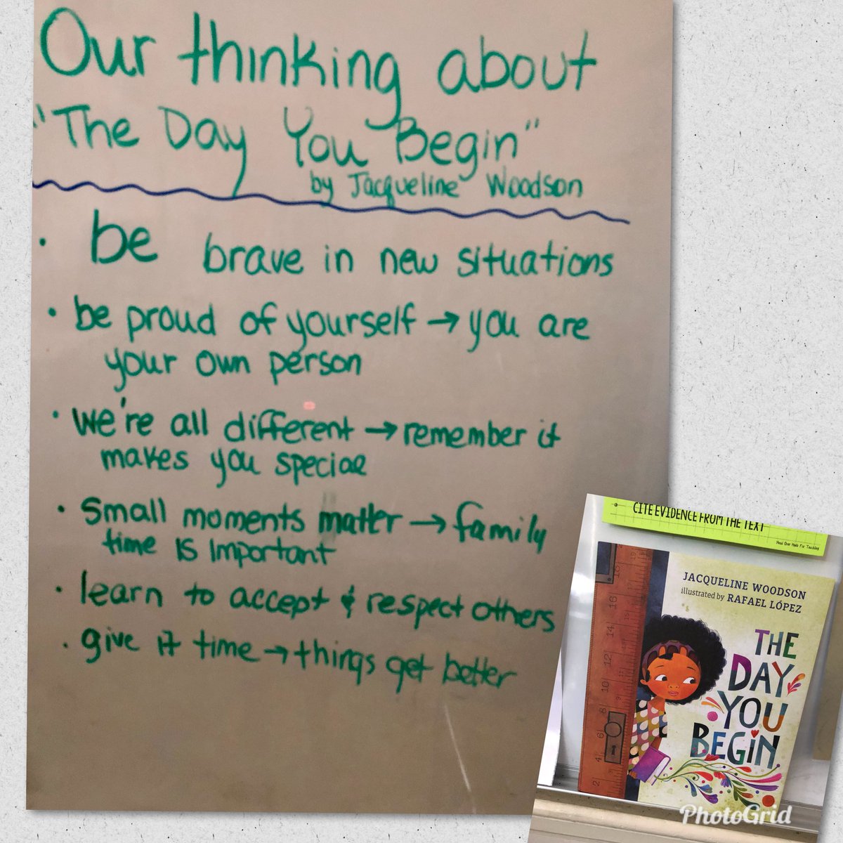 Awesome book with a great message. “The Day You Begin” by #JacquelineWoodson   Another day of ‘digging deeper’ for meaning. #interactivereadaloud #embracingdiversity #acceptance #buildingaclassroomcommunity