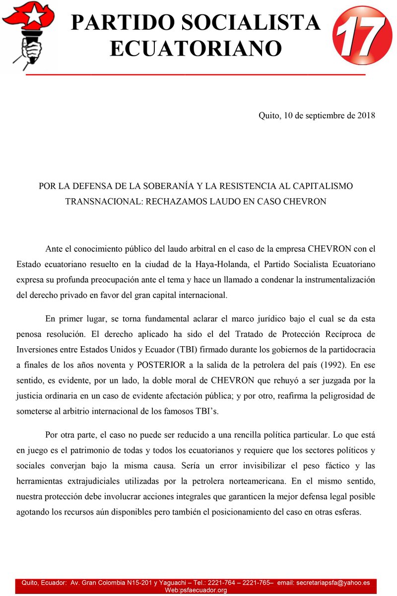 PSocialistaEc's tweet photo. 🛑 POR LA DEFENSA DE LA SOBERANÍA Y LA RESISTENCIA AL CAPITALISMO TRANSNACIONAL: RECHAZAMOS LAUDO EN #CASOCHEVRON 🛑
Sigue el enlace:
➡️https://t.co/OsktI06fO6⬅️ https://t.co/eH7ug9OEuN