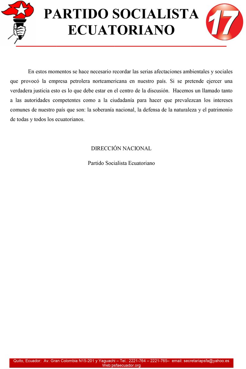 PSocialistaEc's tweet photo. 🛑 POR LA DEFENSA DE LA SOBERANÍA Y LA RESISTENCIA AL CAPITALISMO TRANSNACIONAL: RECHAZAMOS LAUDO EN #CASOCHEVRON 🛑
Sigue el enlace:
➡️https://t.co/OsktI06fO6⬅️ https://t.co/eH7ug9OEuN