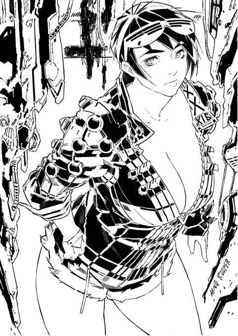 Hmm, I don't know what to think about this. I feel like adding the crosshatch is actually lessening the impact of the whole ink? Probably the background, well, this style needs more tweaking.#cyberpunk #waifu #manga #mangaart #kingrooperwaifu 
