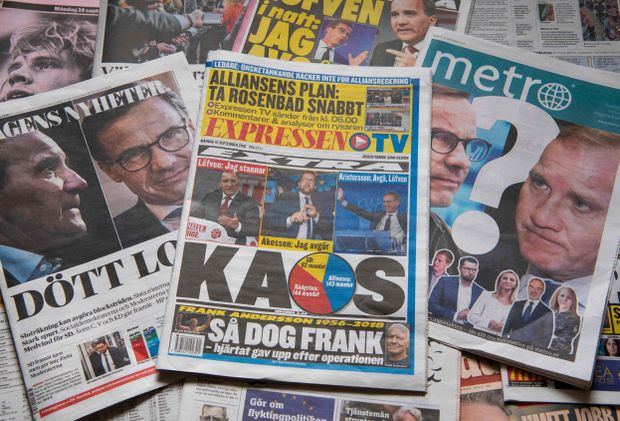 Lotuslander1000's tweet image. This morning's Swedish newspaper headlines include "KAOS" after yesterday's Swedish election. Another election held under PR: #BCPoli #NoBCProRep