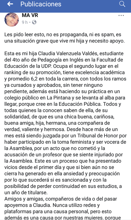 deboraweka's tweet photo. En la Facultad de Educación de la @udp_cl compañeras están siendo juzgadas por participar en una mesa de diálogo en la toma feminista de dicha Facultad #Udphaztecargo https://t.co/c2R4X3WKd4