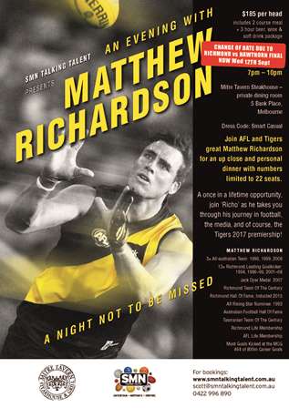 Last days to book and join us for 'An Evening with Matthew Richardson' - trybooking.com/407199 <a href="/mattricho0/">Matthew Richardson</a> #RichmondFC #AFL