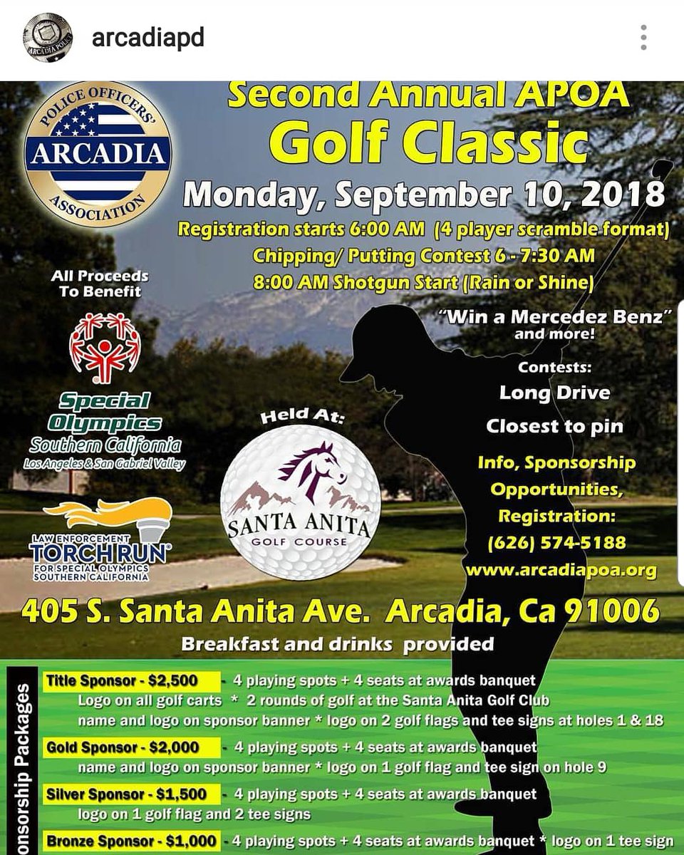 LaVernePD's tweet photo. This Fab 4 joined the Arcadia Police Officer's Association today for a charity golf tournament, raising funds for Special Olympics. Well done gentlemen! #lvpoa #apoa #police #differentbadgesamefamily #cops #lawenforcement #lvpd #arcadia #arcadiapolicedepartment https://t.co/5YjfLDFuwd