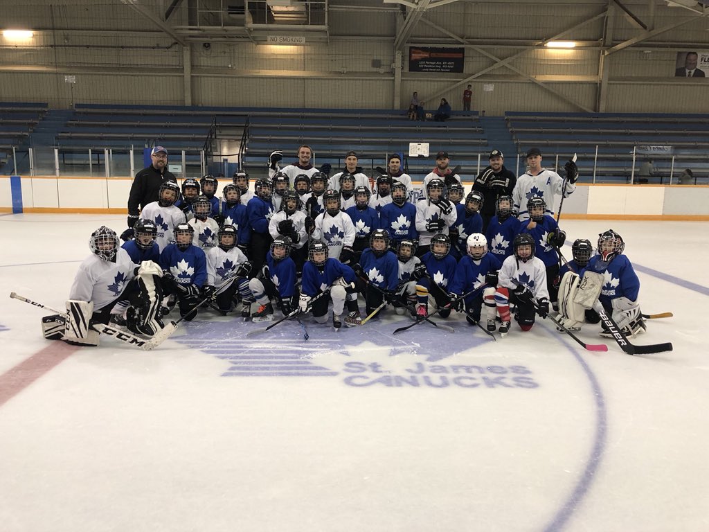 StJamesCanucks's tweet photo. That’s a wrap on another successful round of youth camps! A big thanks to our head instructor Rob Bell, goalie instructor Cam Sass and the players who volunteered, including @John_Mccammon18, @kursel29, @Dreinheimer14, @CraigWiess4 and @A_Thurlbeck61! #GoNucksGo https://t.co/TbPNSnyEo0