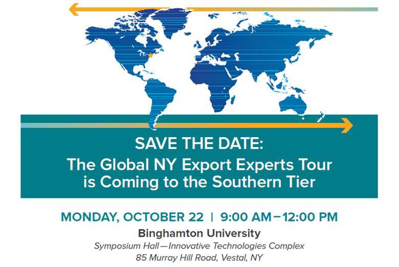 Oct 22: <a href="/GlobalNY/">Global NY</a> Export Experts Tour @ <a href="/binghamtonu/">Binghamton University</a> - Whether your co is export-ready or you're interested in entering the global marketplace, here's an opportunity for your business to explore new markets around the world! Register -&gt; esd.ny.gov/global-ny-tour