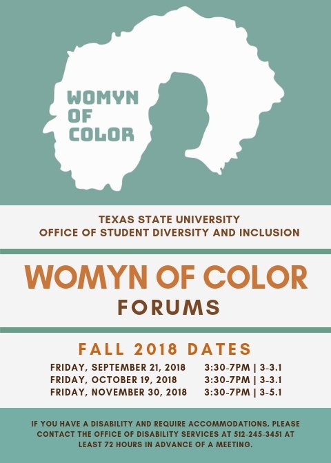 WOCTXST's tweet photo. Join us Friday, Sept. 21 for the first #WOCTXST Forum of the school year! We'll discuss #WhiteFragility &amp; other corresponding issues. Come dialogue! https://t.co/x4cgP3L6BN