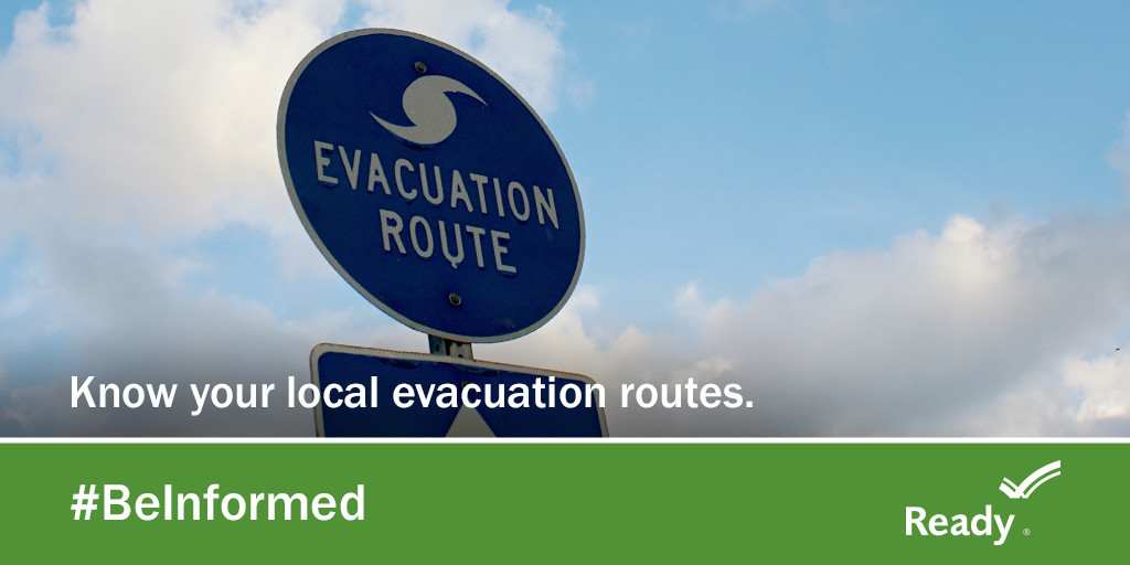 A graphic that shows an Evacuation Route sign and says: "Know your local evacuation routes."