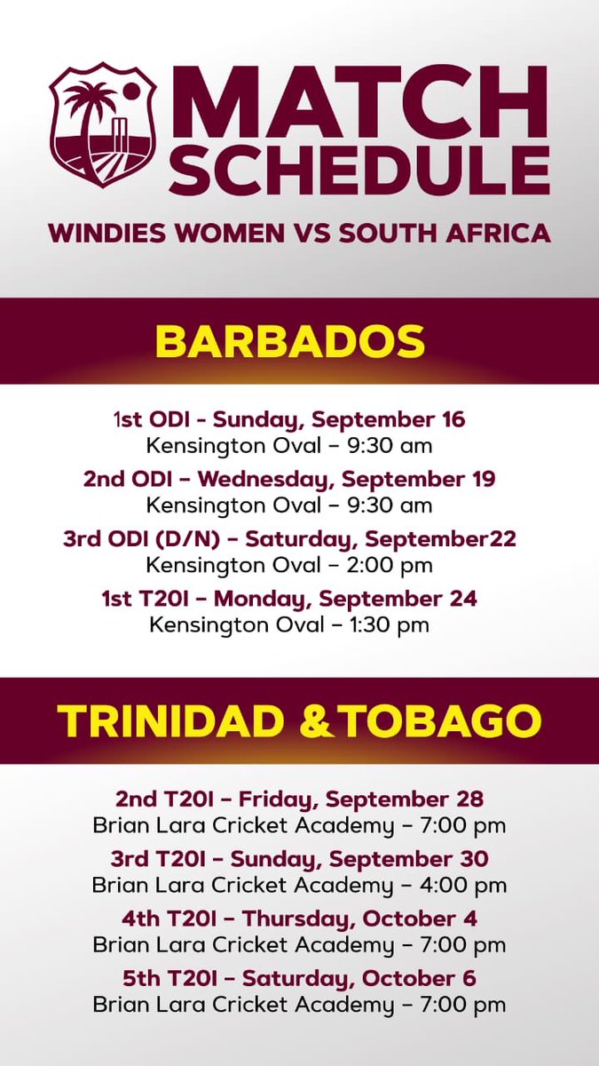 windieswomen's tweet photo. Full match schedule for the Sandals International Home vs South Africa Women. 
Visit https://t.co/4CYDsW52BQ to buy tickets. 
#WindiesCricket #ItsOurGame #ThisIsWhyWIPlay https://t.co/eqxBljcFFo