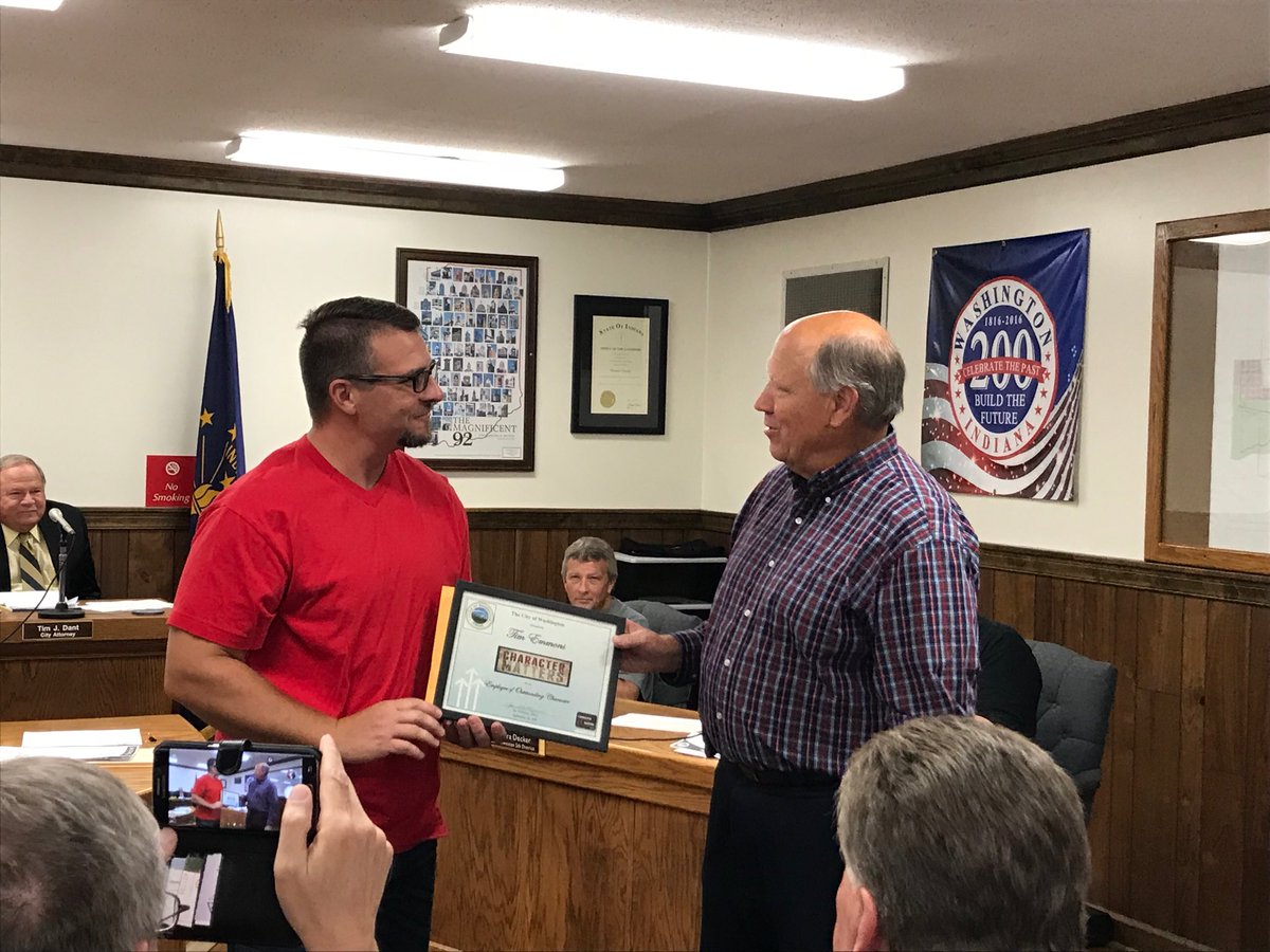 washington47501's tweet photo. Congratulations to Tim Emmons awarded Character Matter award for month of August 2108! #WashingtonIN https://t.co/6apMJLv7Iz