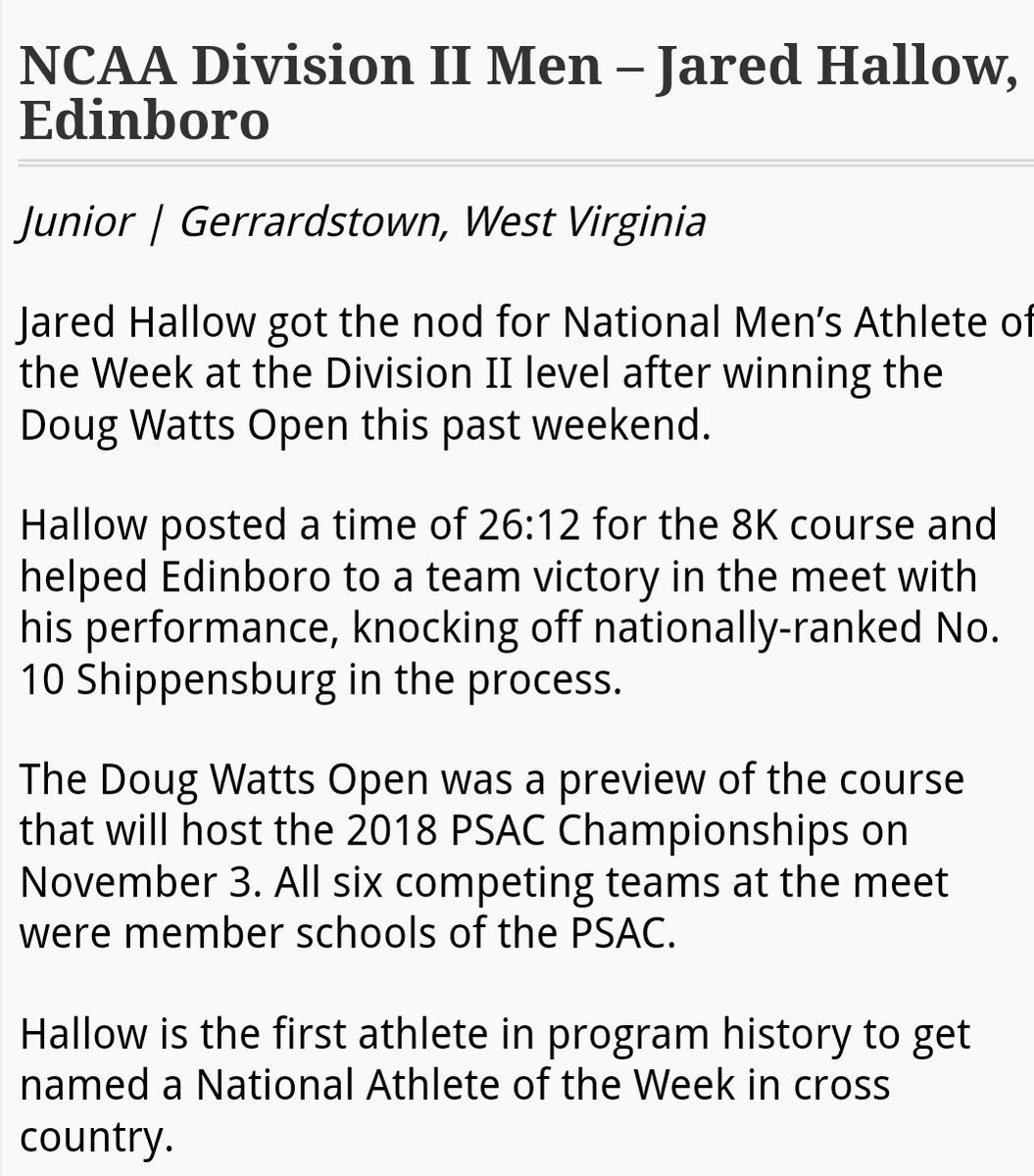 EdinboroTFXC's tweet photo. ⚡🚨In case you missed it?!!⚡🚨 Jared Hallow named Men's DII Cross Country National Athlete of the Week! First time in Fighting Scot history‼️💪🏽👍🏽 #makinghistory #flash #ncaacrosscountry #borobreaker https://t.co/WSNCAvyF5S