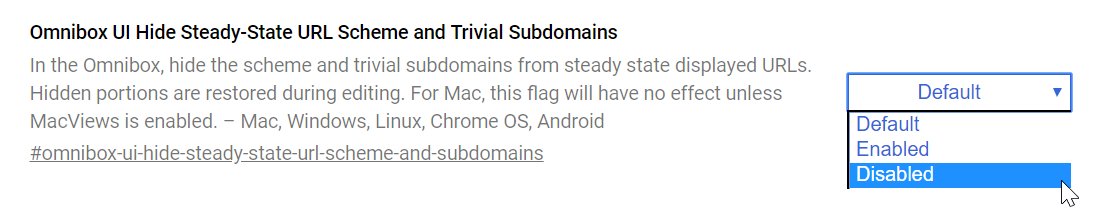 CoolApps45's tweet image. If for some reason you want to turn off the feature that hides "the scheme and trivial subdomains" then you can with "chrome://flags/#omnibox-ui-hide-steady-state-url-scheme-and-subdomains".