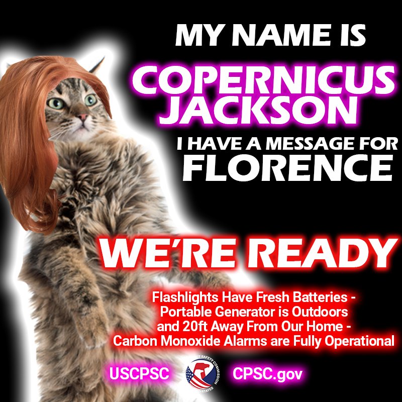 USCPSC's tweet image. The dog days of hurricane season aren't over yet. Now is the time to prepare for #HurricaneFlorence. Make sure your portable generator is outdoors and 20ft away from your home #TellTheHurricane