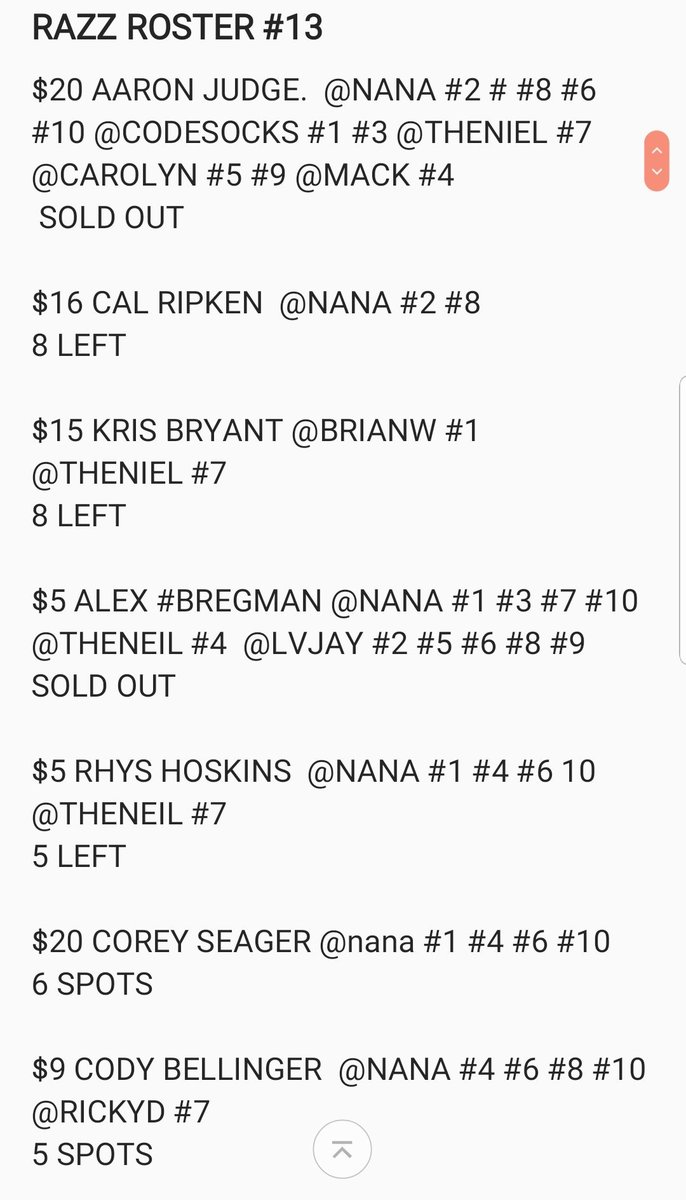 5K_Collectibles's tweet photo. CONGRATS TO @RickyDOlivero GETTING A #BELLINGER SPOT 
$9 PER.  5 LEFT

SEVERAL SPOTS IN 

#RIPKEN  $15 PER

#BRYANT $13 PER

#HOSKINS $5 PER 

#SEAGAR $20 PER

FILL AND RAZZ 2NITE 

PROMO GIVEAWAYS  #LINDOR #CORREA https://t.co/76DnVADkSC
