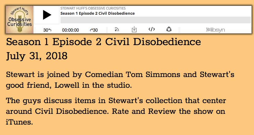 StewartHuffPod's tweet photo. Episode 2: Civil Disobedience
@StewHuff, @TSimmonsComedy & Stewart's friend, Lowell discuss items in Stewart's collection that center around #CivilDisobedience
@Spotify
https://t.co/NVDdwFDZpU
#Podbean
https://t.co/xrFAc4gSRy
#NFLProtests #KaepernickNike #Protests #Kaepernick https://t.co/1DImV0ZNbT