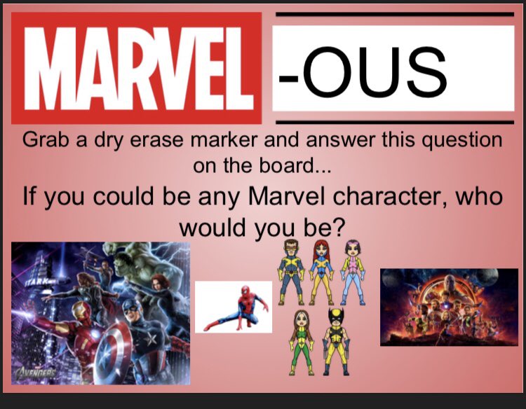 JaymeTeachWF's tweet photo. Great morning quick write that transitioned nicely into our protagonist/antagonist lesson #marvelcomics #MarvelousMonday #alwaysusingcompletesentences #marvelobsessed #dcwho #CaptainMarvelMonday #wearecrockett #IamWFISD #BeTheOne https://t.co/relt2s4RgL