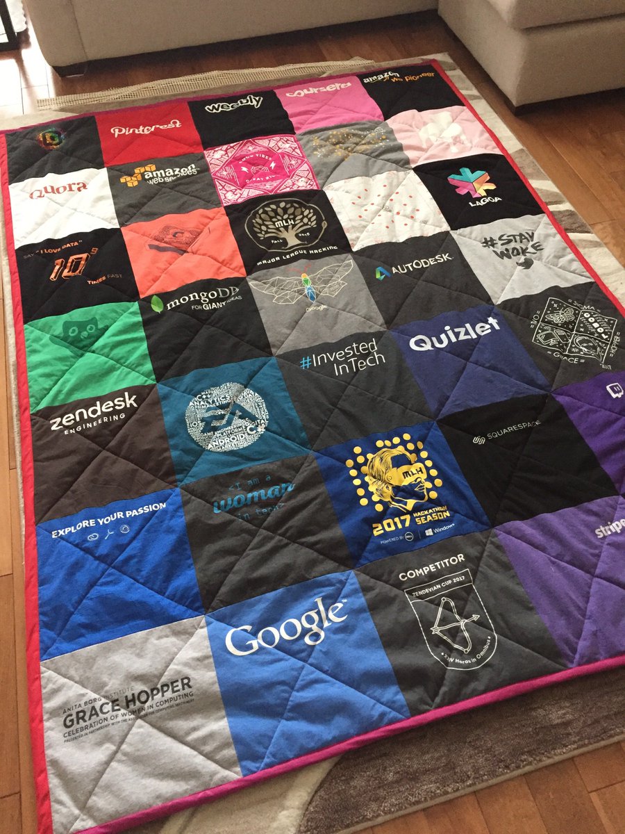 clar3bear's tweet photo. (5 years of CS, 6 internships, 2 GHCs, and too many info sessions + hackathons later) when you have too many tech t-shirts so you make a blanket out of them ✂️ ✨ https://t.co/ykin5p5ibR