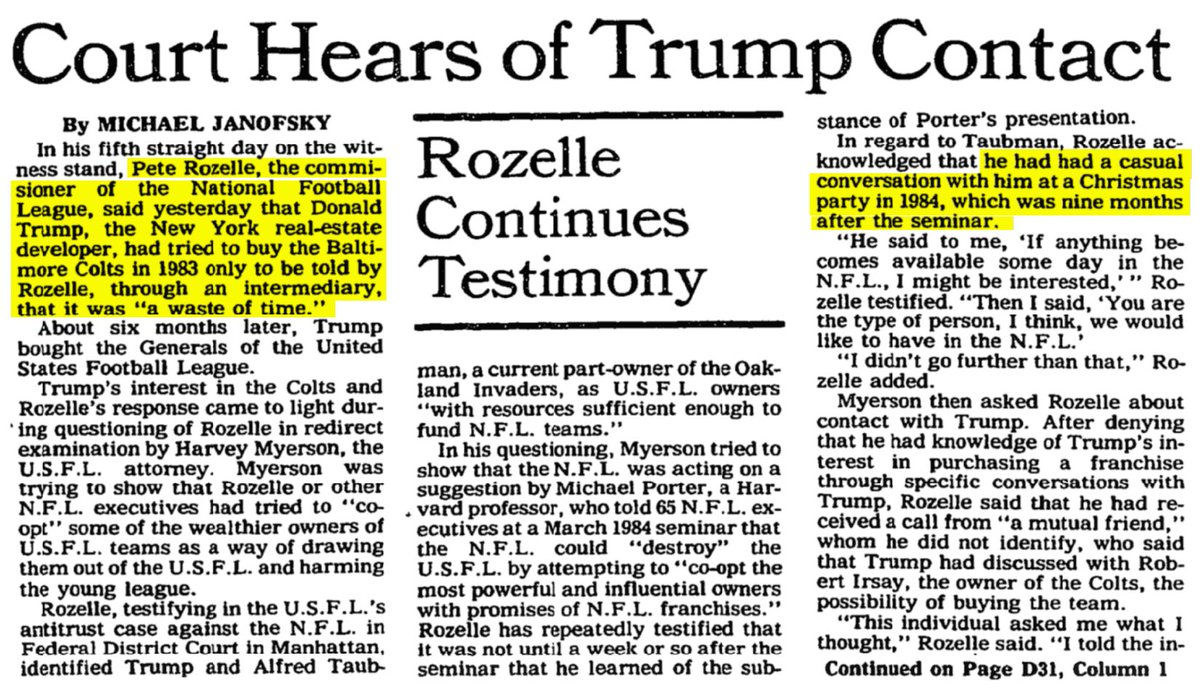 NFL Commissioner Pete Roselle verified in court that Trump had tried to buy the Baltimore Colts in 1983. Apparently, Rozelle told Trump—through an intermediary—that it was "a waste of time."Trump's lawyers probably weren't expecting a lot of the answers they got from Rozelle.