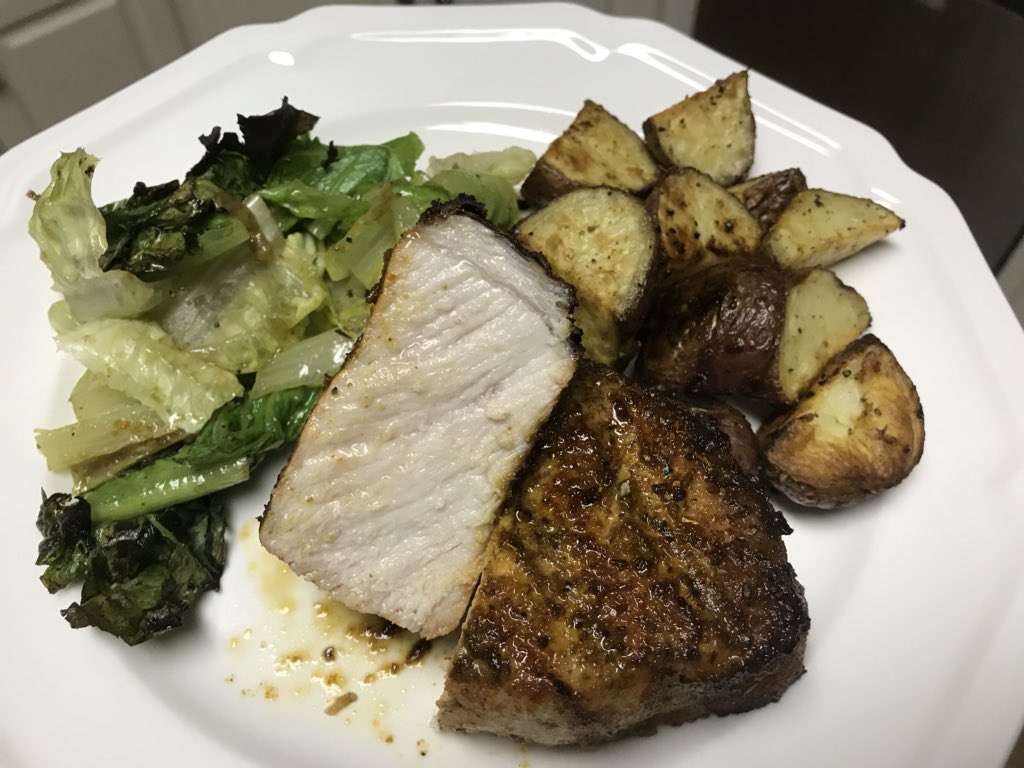 GoodysBBQ's tweet photo. @BigGreenEgg Thick cut pork chops, red potatoes and grilled romaine! https://t.co/ndqJaX549W