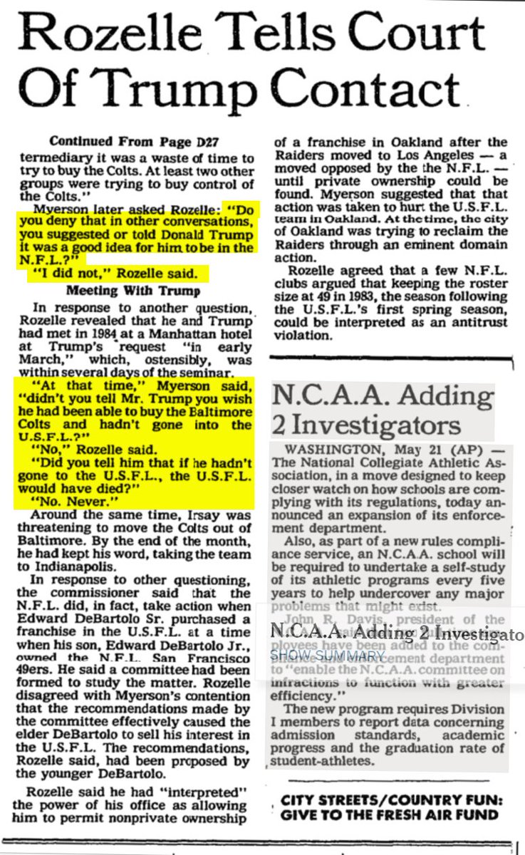 Trump's lawyer: "Do you deny that in other conversations, you suggested or told Donald Trump it was a good idea for him to be in the N.F.L.?"Rozelle: "I did not."Do you think Trump lied to his lawyer? @nytimes 5/22/86