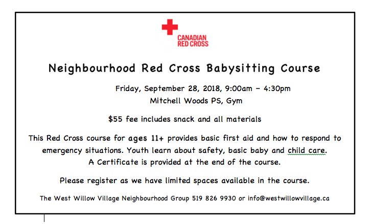 Co-op on Twitter: "Neighbourhood Red Cross Babysitting Course ages 11+ @MitchellWoodsPS Friday, September 28th 9-4:30pm $55 spaces limited info@westwillowvillage.ca 519 826 9930 @GatewayDrivePS @WillowRoadPS @Victory_ps @WestwoodUGDSB ...