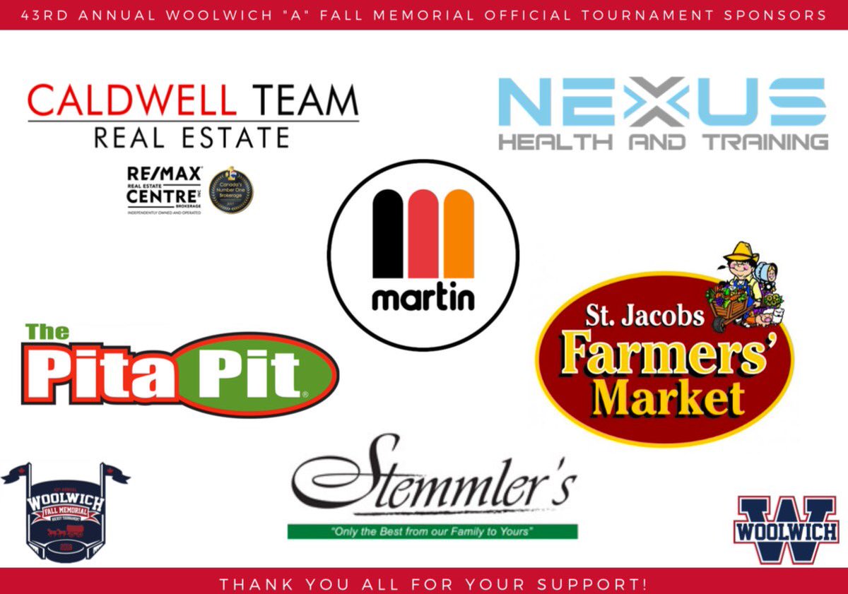 WoolwichMem's tweet photo. SHOUT OUT TO OUR TOURNAMENT SPONSORS! Thank you all for your generous support. @TheCaldwellTeam  @trainingatnexus @MartinsPets @PitaPitElmira @stjacobsmarket @stemmlermeats Get ready for a stellar weekend of puck! #wildmemorial https://t.co/wIdx9aNRfB