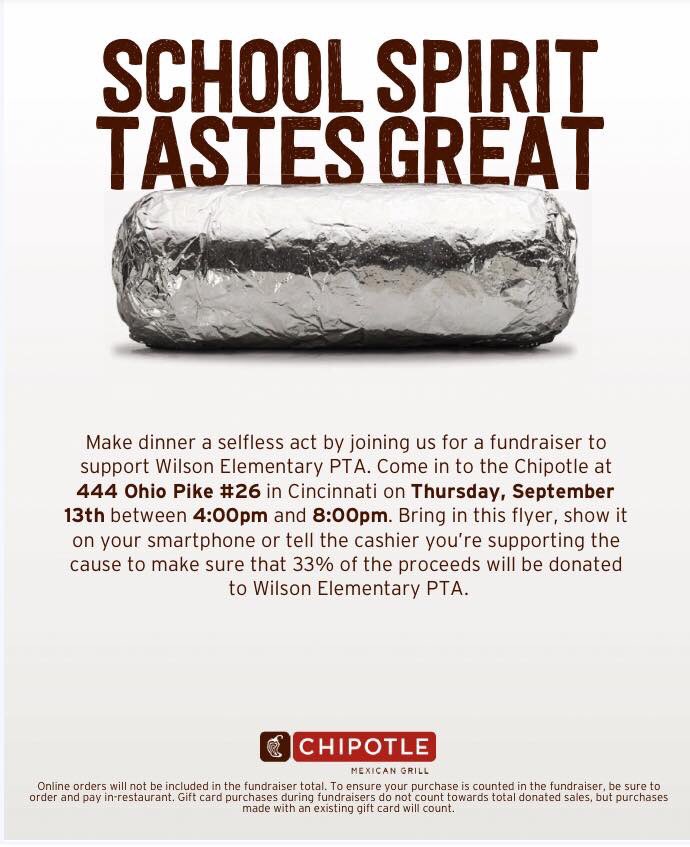 WilsonElemPTA's tweet photo. @WilsonElem @FHSchools @fhfeorg - eat at the ORIGINAL Chipotle THIS THURSDAY (9/13) to support the Wildcats PTA! Show this flyer. @WErTeamTaylor @BellarBunch @Miss_Sunderhaus @MissBondWE @adkinsmz https://t.co/qE5yFlVwc0