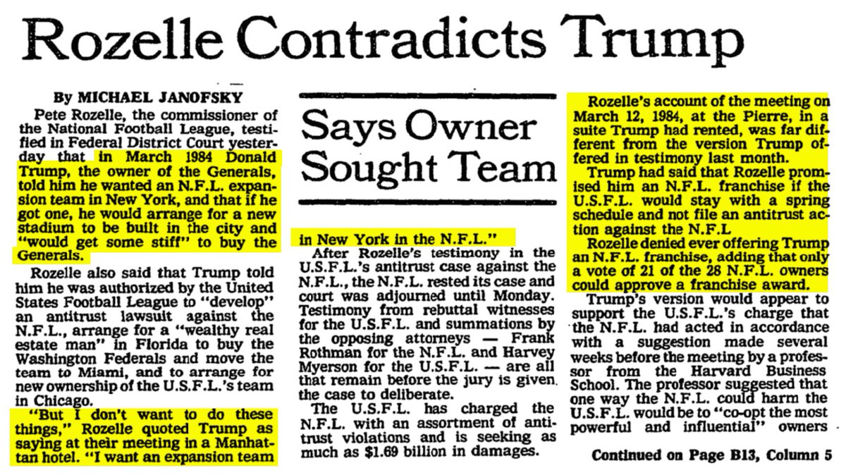 Rozelle testified that Trump said in March 1984 that he wanted an NFL expansion team that would play in Shea Stadium until he "could arrange for" a new stadium to be built in NYC.What would he do with the New Jersey Generals? He told Rozelle "he'd get some stiff" to buy them.