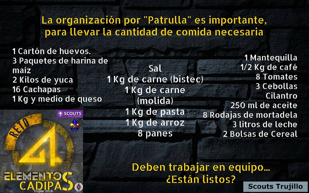 ScoutsTrujilloV's tweet photo. ¡Atención!
Para dominar los elementos, es importante mantener las energias arriba y para eso te facilitamos nuestro menú Fit y lo que debes llevar para alimentarte en #Reto_Camp #CADIPASTrujillo2018

Nota: Los adultos responsables de las patrullas deben comer con su patrulla. https://t.co/ibsidAM5KE