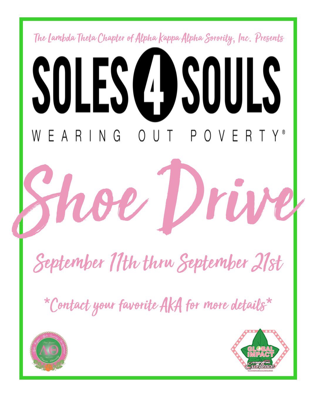 Legendary Lambda Theta on X: Lambda Theta would like to ask for your  assistance in our Soles 4 Souls Shoe Drive. We're requesting any type of  shoes in good condition. Feel free