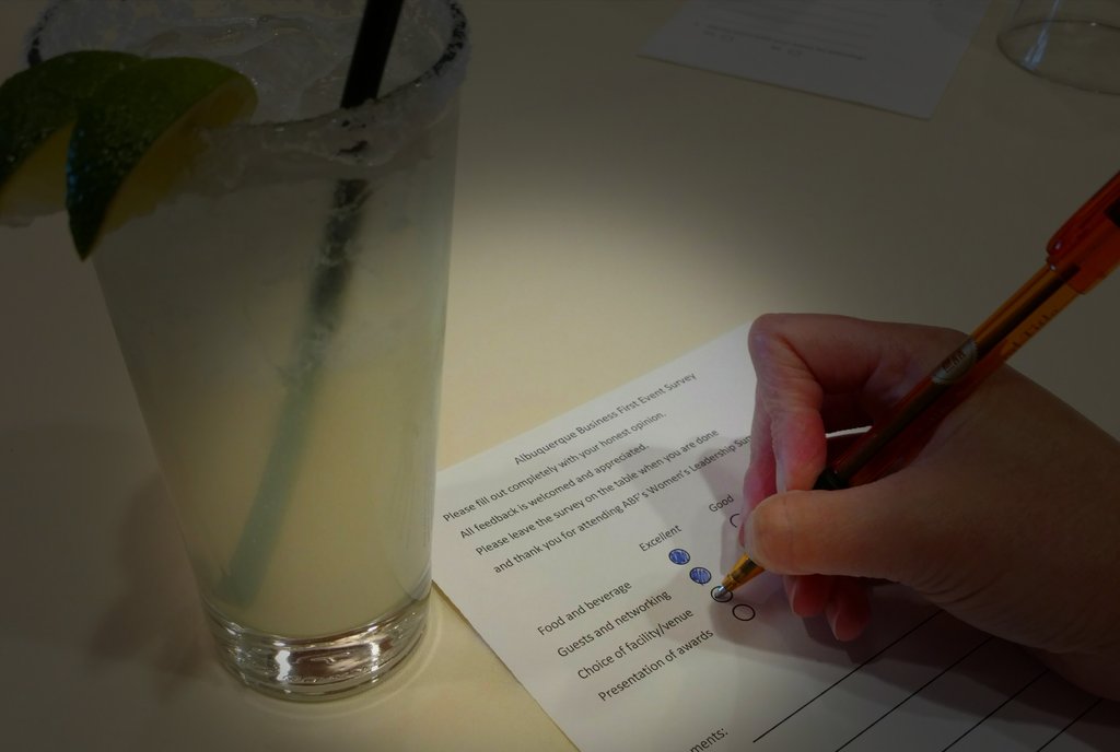 Ohkermie's tweet photo. Filling out my event survey with a margarita! @ABQBizFirst you all put on such a great event! I learned so much and met some really wonderful people! #WLSNM #Happyhour #Excellent https://t.co/6KuiH9c1HC
