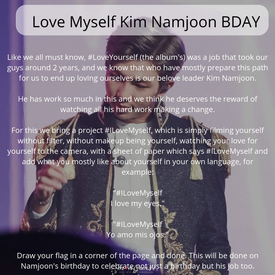 ARMYBOLIVIA7's tweet photo. 💫 LOVE MYSELF KIM NAMJOON BDAY💫

Los venimos a invitar para que se unan a un nuevo proyecto este 12 de septiembre a las 12:00 AM KST, por el cumpleaños de RM
Usando el #ILoveMyself comparte con nosotros este día. 

Más información en las imágenes
@BTS_twt 
Inf: @BTSARMY_Bolivia https://t.co/4wwrOUzFOj