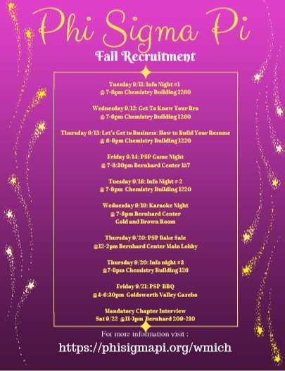 GammaRho_PSP's tweet photo. Come join us at the Fall 2018 Recruitment events and info sessions! Phi Sigma Pi is a gender-inclusive National Honors Fraternity that is devoted to developing leaders, educating people and creating lifelong connections! https://t.co/p39NpI7bxU