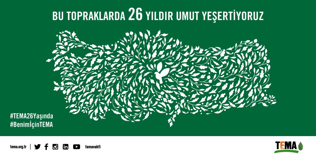TEMA Vakfı bugün 26 yaşında!
26 Yıldır 720 bini aşkın gönüllümüz ve yüzbinlerce destekçimiz ile daha yaşanabilir bir dünya için bu topraklarda umut yeşertiyoruz. #TEMA26Yaşında