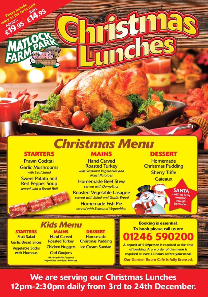 Matlock Farm Park (@matlockfarmpark) on Twitter photo Fancy having your CHRISTMAS LUNCH on a farm this year? Our licensed cafe is ready to serve you... 😊 🎅🏼 🎄
(Prices include full day entry to the farm park).
<a href="/vpdd/">Visit Peak District & Derbyshire</a> <a href="/DerbyshireGuide/">Visit Derbyshire</a> <a href="/PeakAdvertiser/">Peak Advertiser</a> <a href="/PeakandMoor/">PeakandMoor PeakDist</a> <a href="/PeakVenues/">Peak Venues</a> <a href="/ChesterfieldIs/">Chesterfieldis</a> @mpddindustry <a href="/chesterfielduk/">Chesterfield</a> <a href="/DesChes/">Destination Chesterfield</a> Fancy having your CHRISTMAS LUNCH on a farm this year? Our licensed cafe is ready to serve you... 😊 🎅🏼 🎄
(Prices include full day entry to the farm park).
<a href="/vpdd/">Visit Peak District & Derbyshire</a> <a href="/DerbyshireGuide/">Visit Derbyshire</a> <a href="/PeakAdvertiser/">Peak Advertiser</a> <a href="/PeakandMoor/">PeakandMoor PeakDist</a> <a href="/PeakVenues/">Peak Venues</a> <a href="/ChesterfieldIs/">Chesterfieldis</a> @mpddindustry <a href="/chesterfielduk/">Chesterfield</a> <a href="/DesChes/">Destination Chesterfield</a>