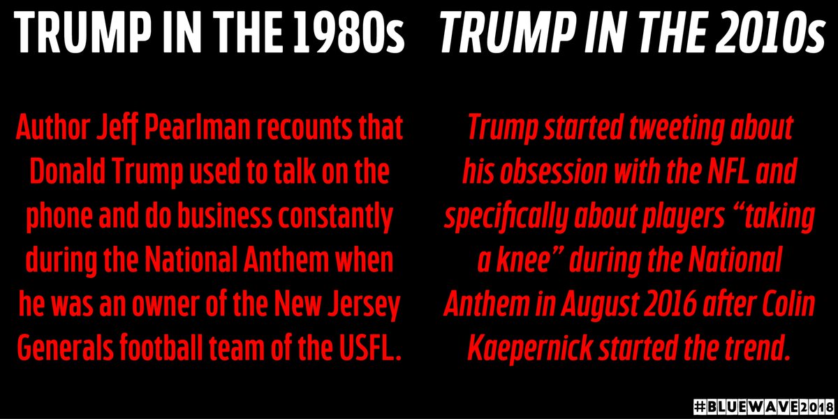 By the way, author Jeff Pearlman says that Trump used to do business and talk on the phone all the time during the national anthem when he owned the New Jersey Generals. So highly likely this NFL patriotism act is a bunch of hooey.