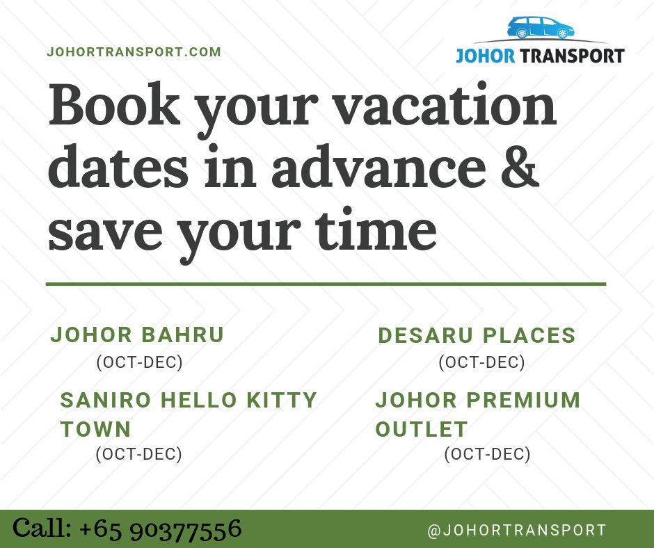 JohorTransport's tweet photo. Plan your holiday trip in advance and book with us. We provide 7, 8, 11 &amp; 17 seater MPV with air condition. To know more about the service visit: https://t.co/1q8k1UcTvn
#Singapore
#Johor
#Malaysia
#johorbahru
#singaporeholidays
#comforttaxi
#holidaytrip https://t.co/jbkC2YyWfW