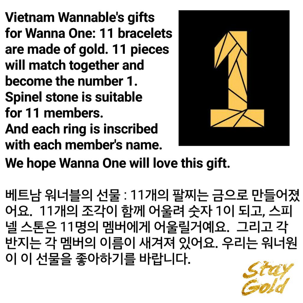 rnfmatl's tweet photo. vietnam wannables gave wanna one  bracelets made of gold and, the fragments at the end of each bracelets combines to make a "1" shape
oh my godbdjdjf this is amazing &amp; genius
cr. yjs910308vn  https://t.co/5y5Gj7c6HR
