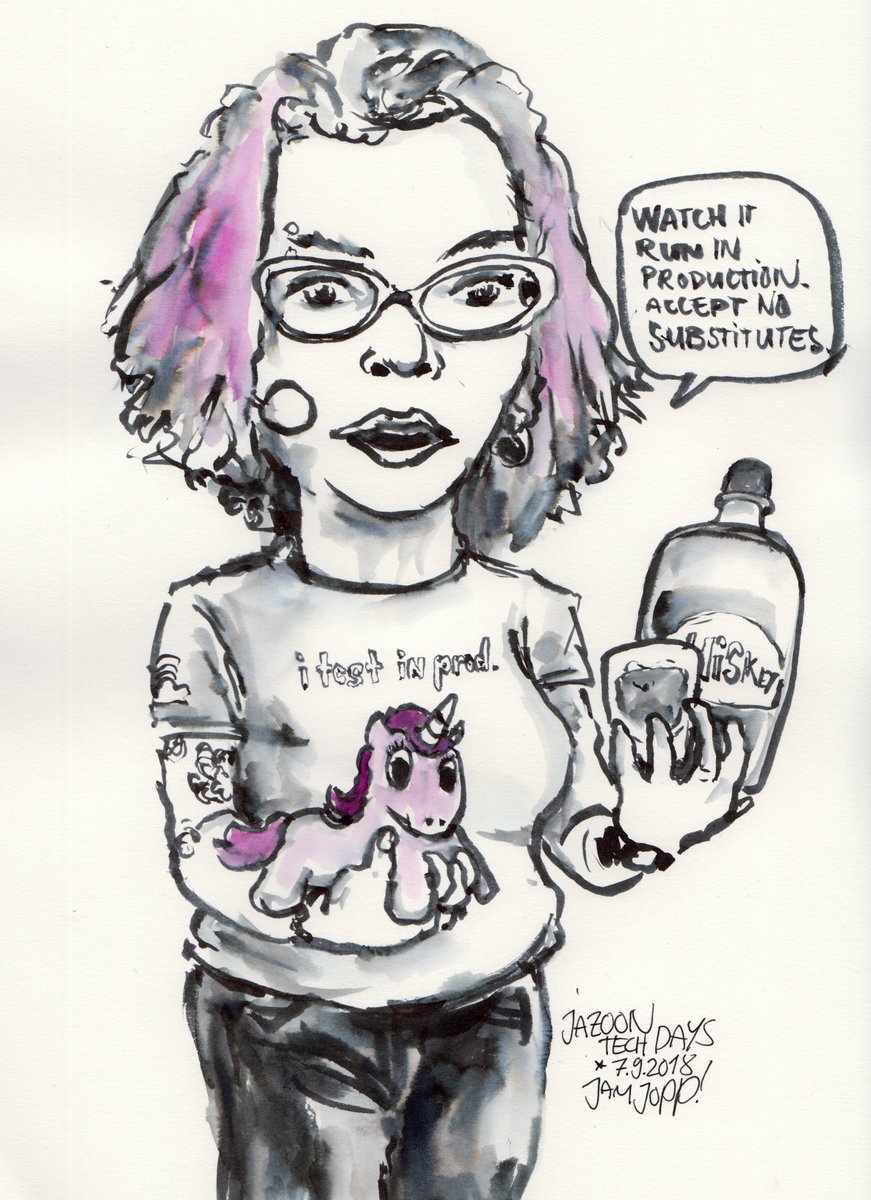 omg.. <a href="/jazoon/">JAZOON</a> joins an elite list of BEST SWAG EVAR with this sketch, but they win the list because of the "i test in prod" shirt 👚 and the pink hair 💁‍♀️ and baby unicorn plushie 🦄 AND the bottle of whistlepig 🐷 AND a shot glass 🥃 AND the quote 🌈 *dies deliriously happy*