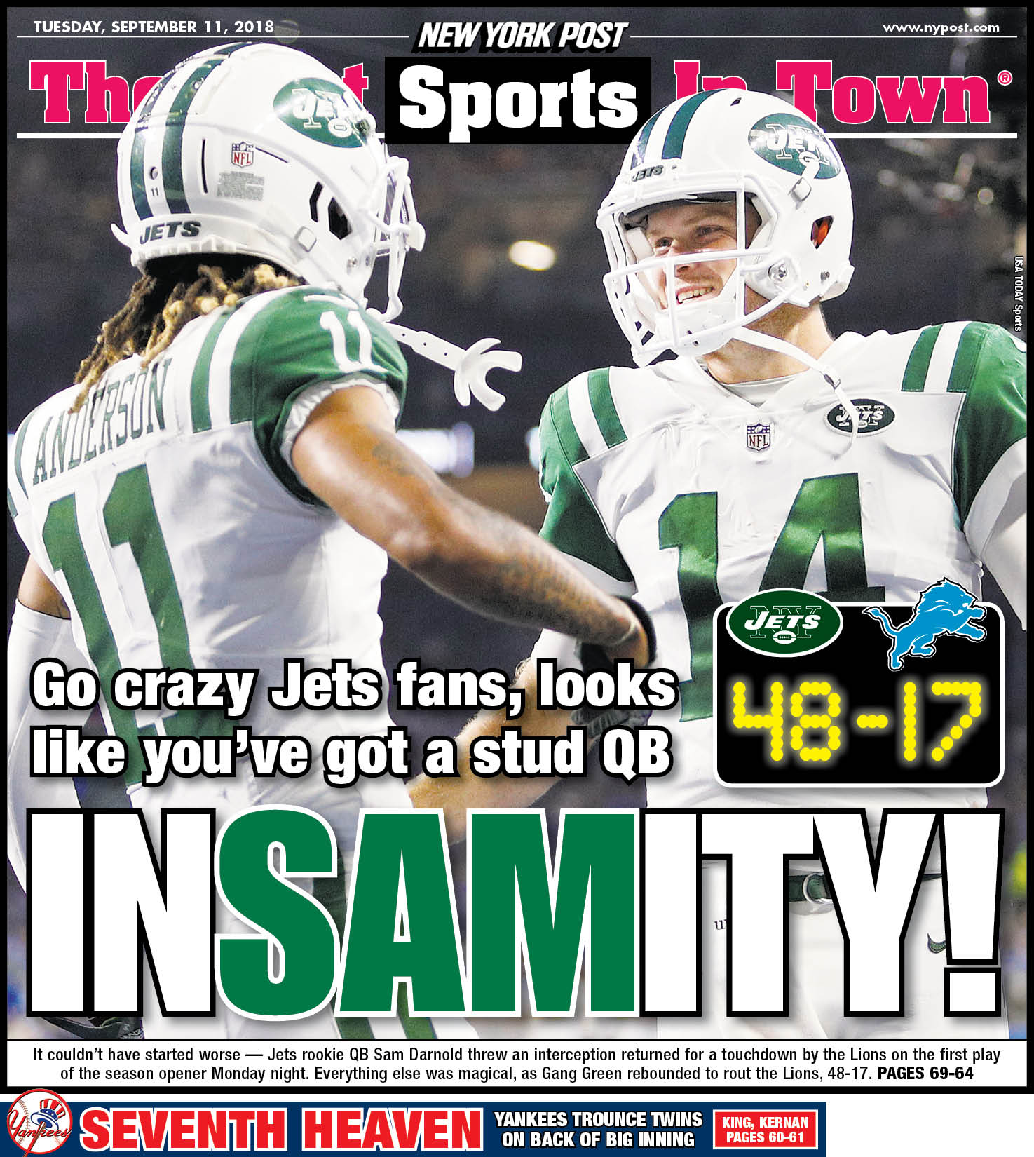 The back page: Sam Darnold's debut was everything Jets could have hope...