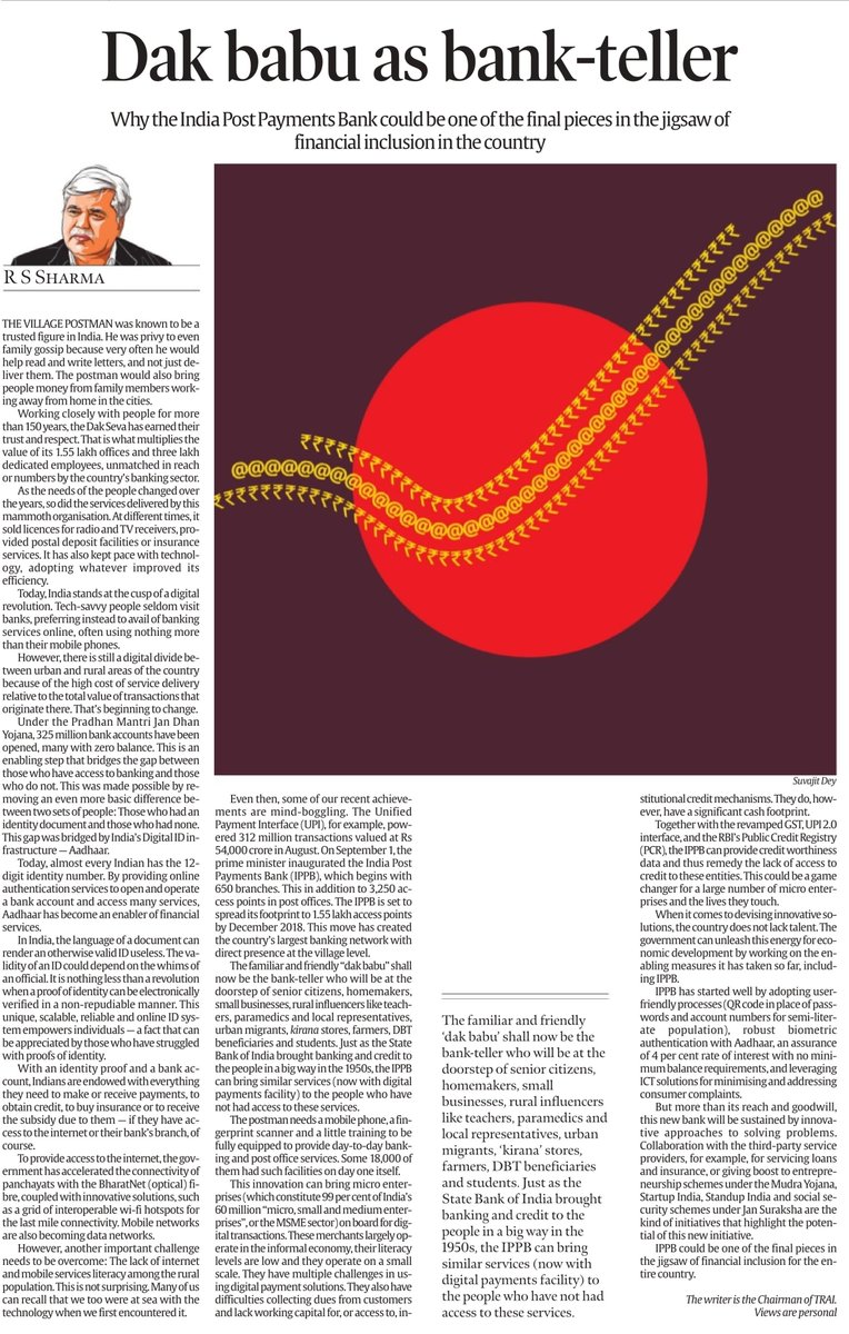 How India Post Payment Bank will help in Financial Inclusion- An article by Sh R S Sharma in Indian Express