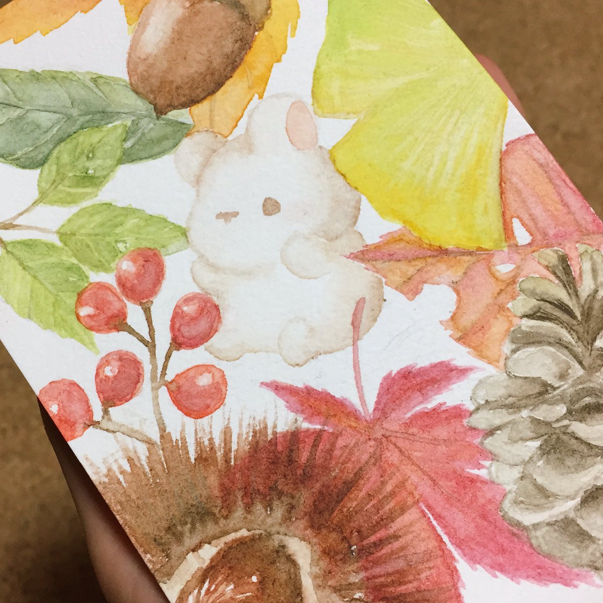 くぅもんせ 水彩で秋っぽいイラストです サイン初めて描きました 笑 ポストカードにしたいけど間に合うのか 秋 ポストカード 水彩 イラスト うさぎ