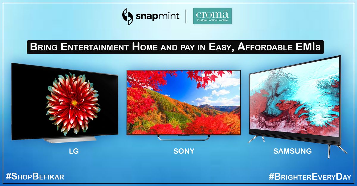 SnapmintEmi's tweet photo. Make a smarter choice and buy your next Smart TV from Croma on easy, equal installments via Snapmint. Know more: https://t.co/dZGIxBjckN 
#Snapmint #ShopBefikar #Croma #BrighterEveryDay #Smart #TV #LG #Sony #Samsung https://t.co/jzka83tgIz