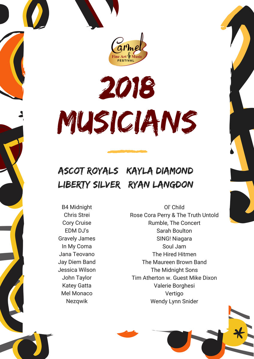We have an amazing Music Lineup for you on September 14th to 16th at 2018 Carmel Fine Art and Music Festival at Firemen's Park.  You don't want to miss this festival.
