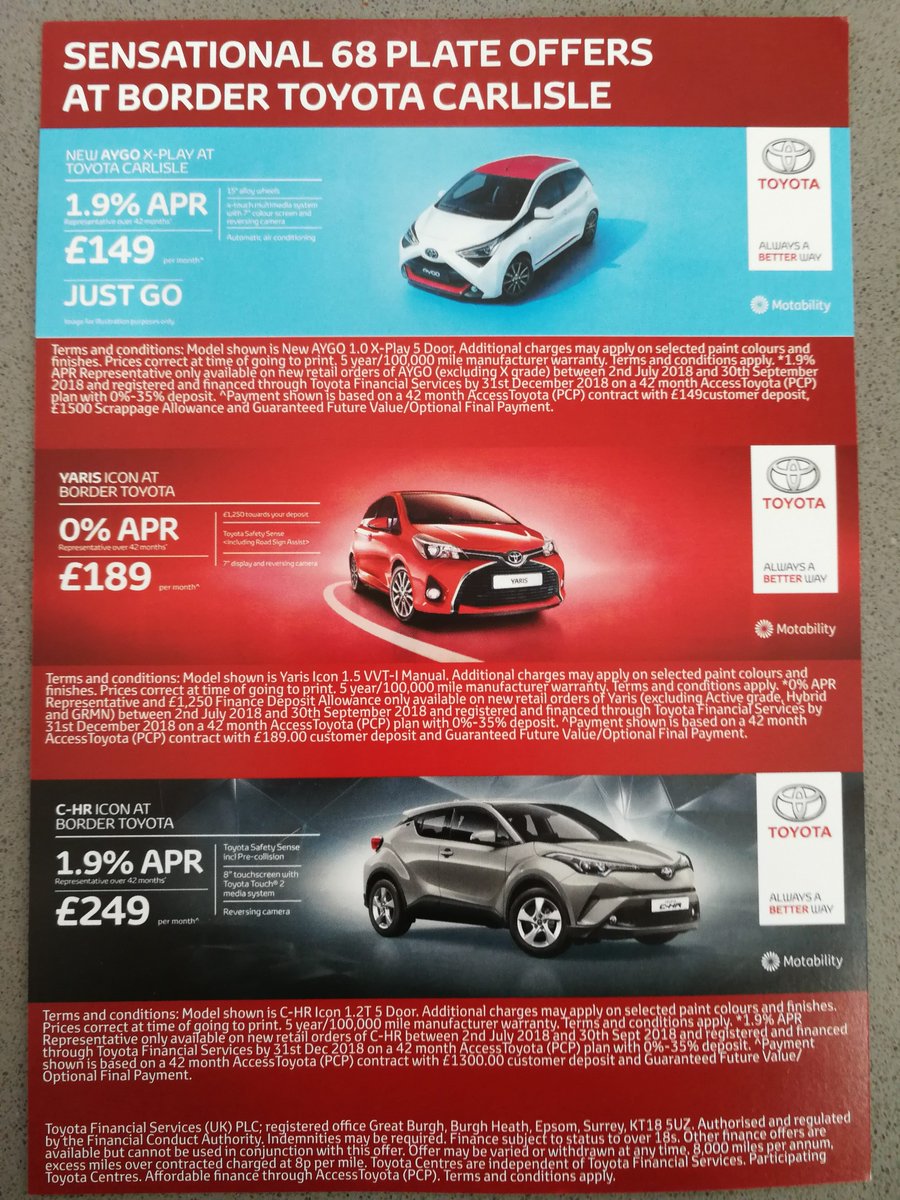 New 68 Reg OFFERS at Border TOYOTA Carlisle
Sensational Offers @BorderMotorGrp
Professional GPS Leaflet Distribution Cumbria @LetterboxSmart
#Marketing #Advertising #Cumbria #TOYOTA #Car #Sales #ROI #Leaflet #doortodoor #GPS https://t.co/8STg9MZs45