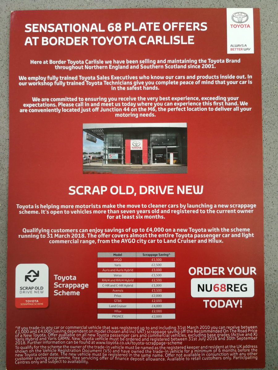 New 68 Reg OFFERS at Border TOYOTA Carlisle 
Sensational Offers <a href="/BorderMotorGrp/">Border Motor Group</a>

Professional GPS Leaflet Distribution Cumbria @LetterboxSmart 

#Marketing #Advertising #Cumbria #TOYOTA #Car #Sales #ROI #Leaflet #doortodoor #GPS