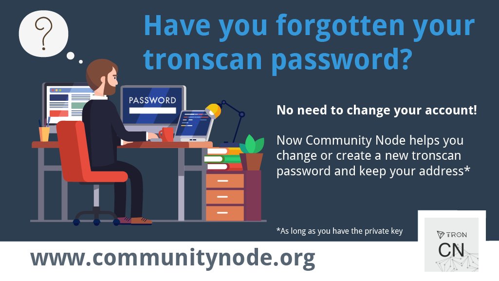 community_node's tweet image. Lost or forgot your tronscan password?
#CommunityNode can help!
Visit bit.ly/2CFiZMZ for more info.

#TronSR #Tronics #Tronscan #Tronix  #cryptocurrency #TRONWALLET #crypto #trx #TVM #XVG #XRP #LTC #BTC #EOS #ETH #DASH #BCH #NEO #ADA #XLM #XMR