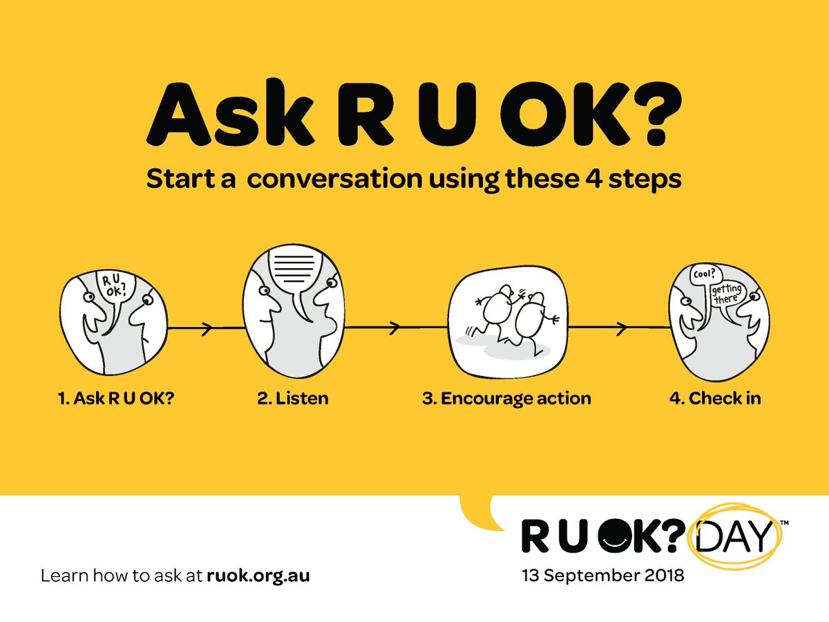 R U OK? Check in with these 4 simple steps.
Thu 13 Sep is #WSPD2018~@ruokday 
#foundermentalhealth #startups
