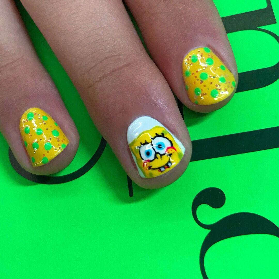Spongebob nails by WAH gal Sadie 😍 Book your next appointment through the link in our bio 📲