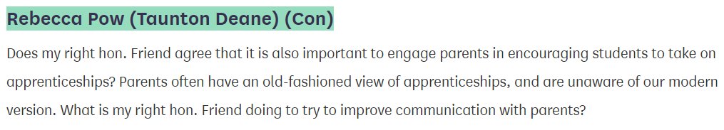 .<a href="/pow_rebecca/">Rebecca Pow</a> MP with a crucial point in #Parliament yesterday - our 2018 annual report is coming soon &amp; will have a section on parental attitudes to #apprenticeships &amp; how their own children taking that route changes those attitudes!